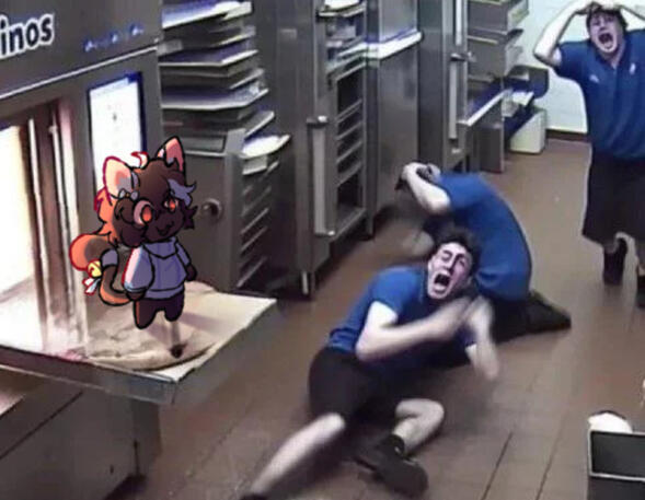 Blue scaring the pizza men